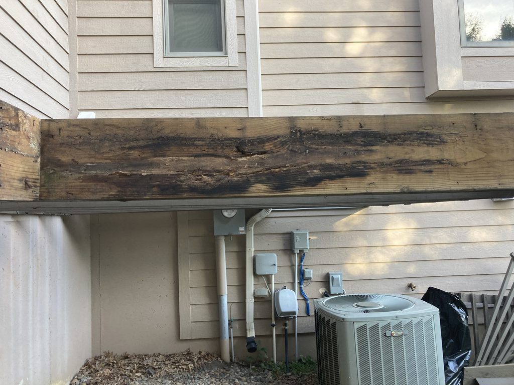 Close-up of a rotted wood beam above electrical conduits