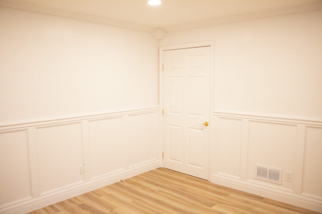 Finished basement office looking back toward the door