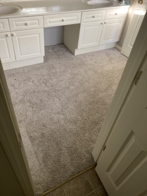 Bathroom counter and cabinets with carpeted floor before the renovation.