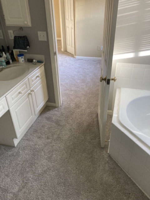 View down a carpeted bathroom hallway toward the tub before the work began.
