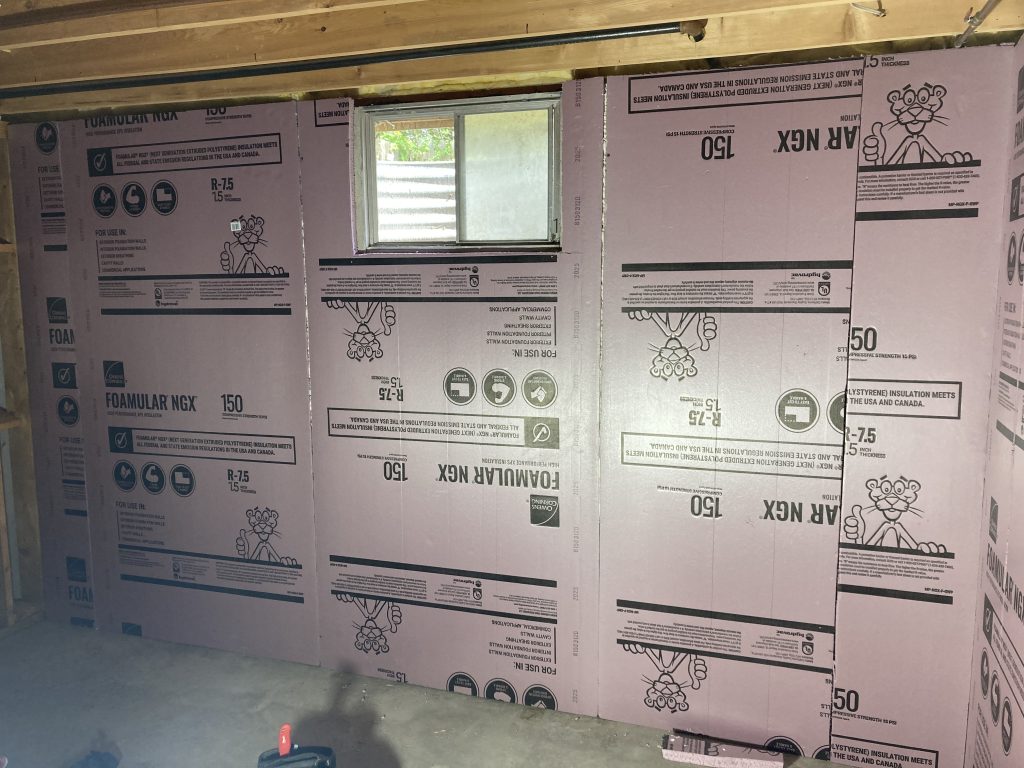 Basement concrete walls covered with rigid foam board insulation
