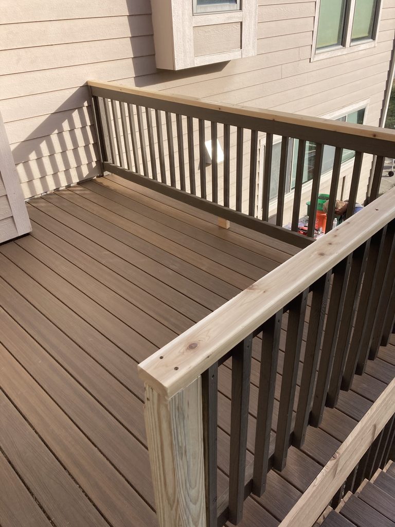 Finished deck surface and railing corner