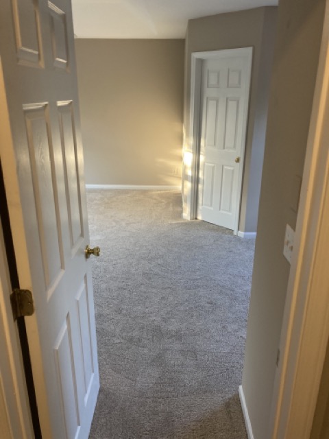 Hallway with gray walls and a freshly painted white door after the renovation.